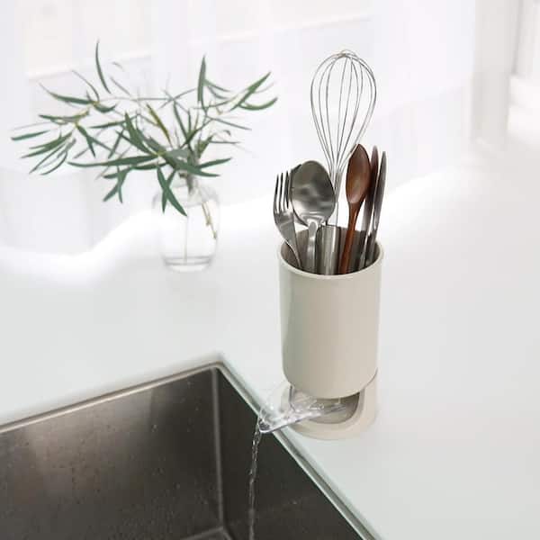 Utensil Drying Holder with Self Draining for Kitchen Counter, Utensil, Cutlery, Flatware, Silverware Drainer Cup, Beige