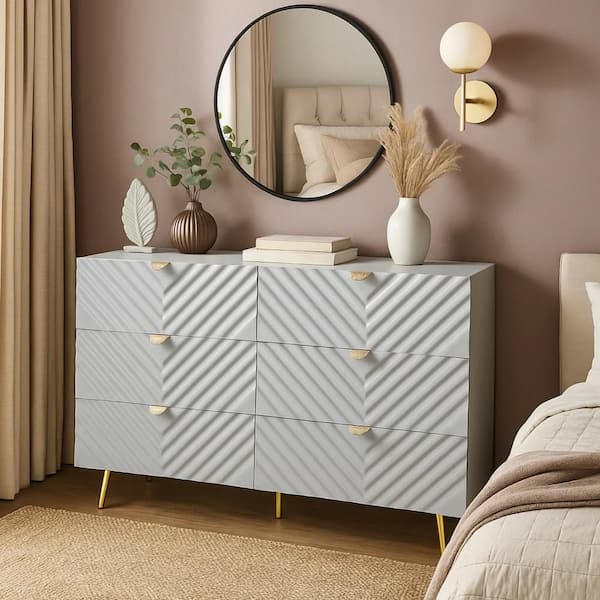 Tyra Gray 6 Drawer 55 in. Wide Dresser with Gold Handles