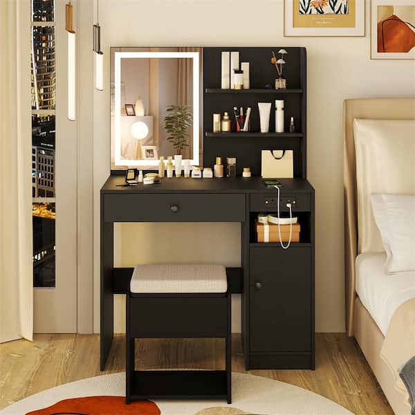 small black dressing table IRONCK Small Makeup Vanity Table with 5 Drawers, Power Outlet, and Vanity Stool Black
