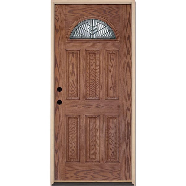 Feather River Doors 37.5 in. x 81.625 in. Phoenix Patina Fan Lite Stained Medium Oak Right-Hand Inswing Fiberglass Prehung Front Door