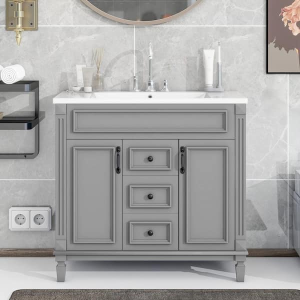 36 in. Single Sink Freestanding Gray Bath Vanity with White Resin Top, 2-Drawers and 2 Soft Closing Doors Unassembled