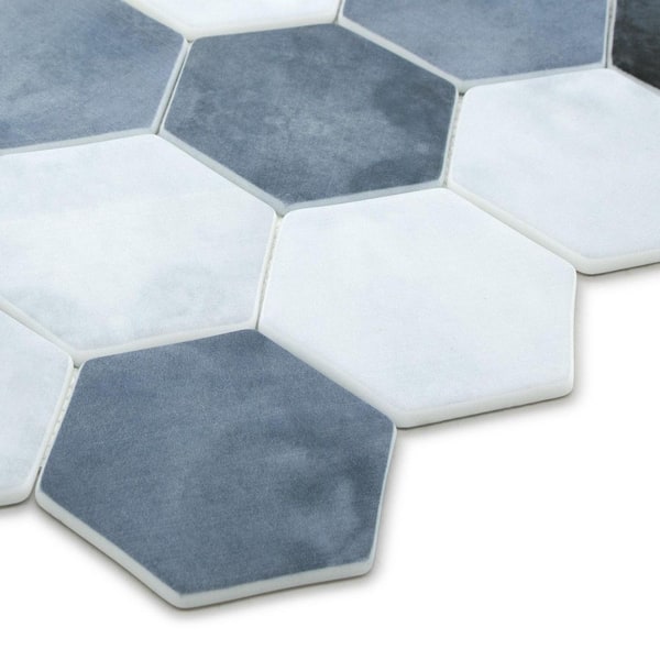 Hexagon Blue Mix 11.8 in. x 10.23 in. Matte Recycled Glass Cement Looks Floor and Wall Mosaic Tile (8.4 sq. ft. /Case)