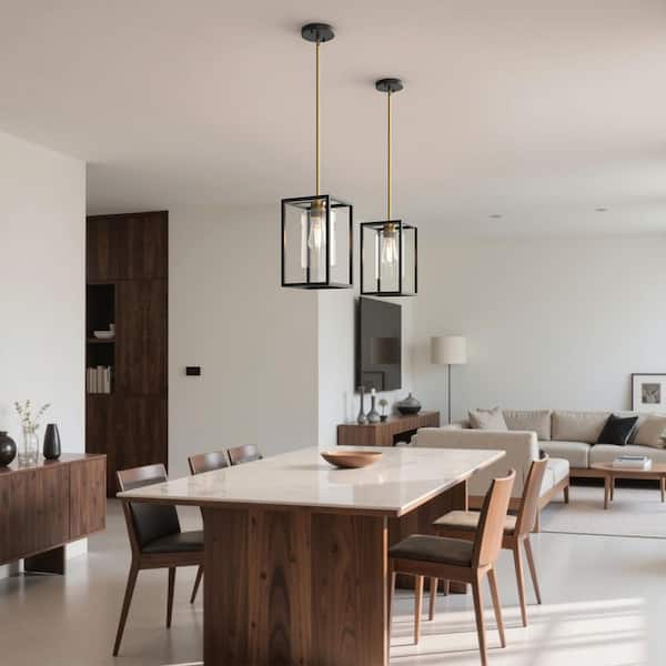 7 in. 1-Light Black and Gold Pendant Light, Rectangle Metal Hanging Fixture with Clear Glass Shade for Kitchen Island