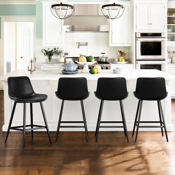 cozyman 35 in. H Black 24 in. Low Back Metal Frame Cushioned Counter Height Bar Stool with Faux Leather seat (Set of 4)