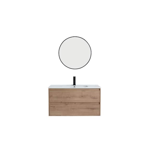 Unbranded Solid Wood 36 in. Floating Natural Wood Brown Bath Vanity with White Resin Basin Top Assembled