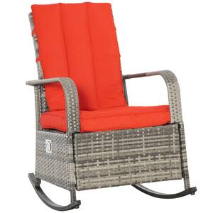 Rattan Wicker Outdoor Rocking Chair Patio Recliner with Red Soft Cushion Adjustable Footrest Max 135-Degree Backres