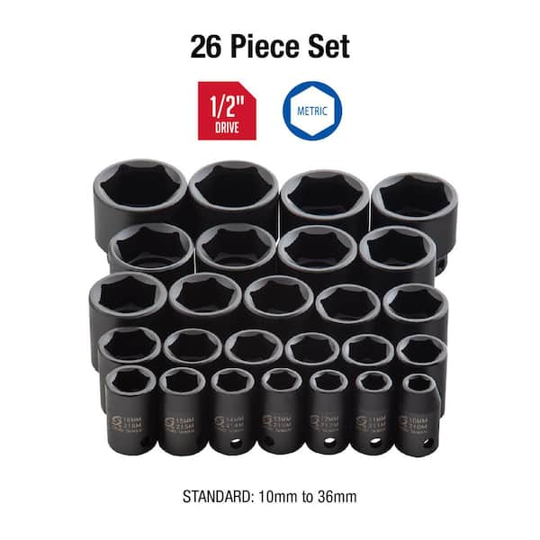 1/2 in. Drive Metric Impact Socket Set (26-Piece)