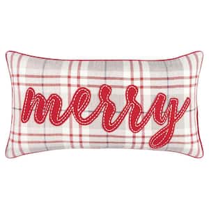 Tan/Red Plaid Holiday "Merry" Cotton Poly Filled 14 in. X 26 in. Decorative Throw Pillow