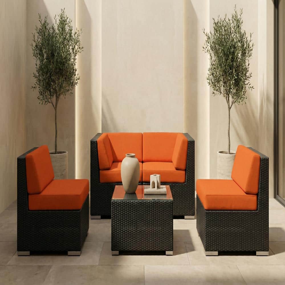 Ohana Black 5-Piece Wicker Patio Seating Set with Supercrylic Orange Cushions