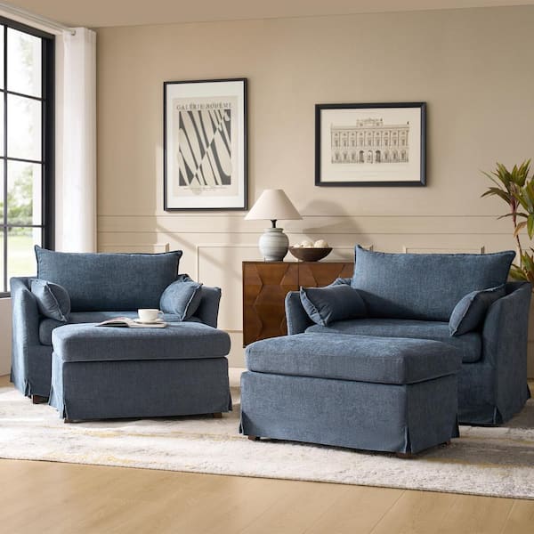 JAYDEN CREATION Sylvia Blue Modern Oversized Removable Slipcovered Chair Solid Wood Legs Armchair with Ottoman Set of 2