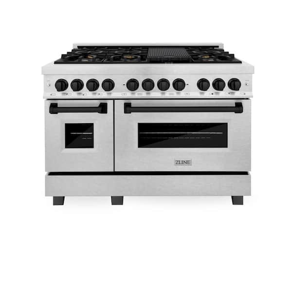 ZLINE Kitchen and Bath Autograph 48 in. Legacy Dual Fuel Range with 7 Burners and 2 Electric Ovens in Satin Stainless Steel and Black Accents