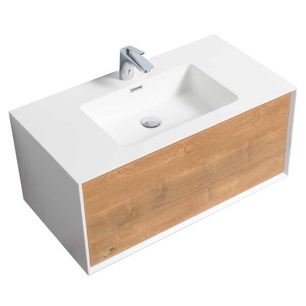 George William Cabinetry Aaron 35.3 in. W x 18.9 in. D. x 16.7 in. H Bath Vanity in Oak with White Cultured Marble Top