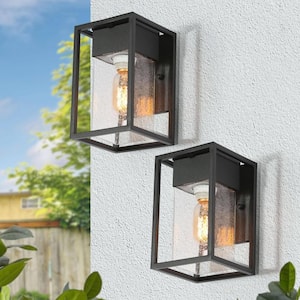 Modern Cage Wall Sconce Light 1-Light Matte Black Outdoor Wall Lantern Sconce with Seeded Glass Shade (2-Pack)