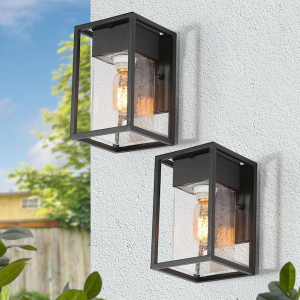 Uolfin Modern Cage Wall Sconce Light 1-Light Matte Black Outdoor Wall Lantern Sconce with Seeded Glass Shade (2-Pack)