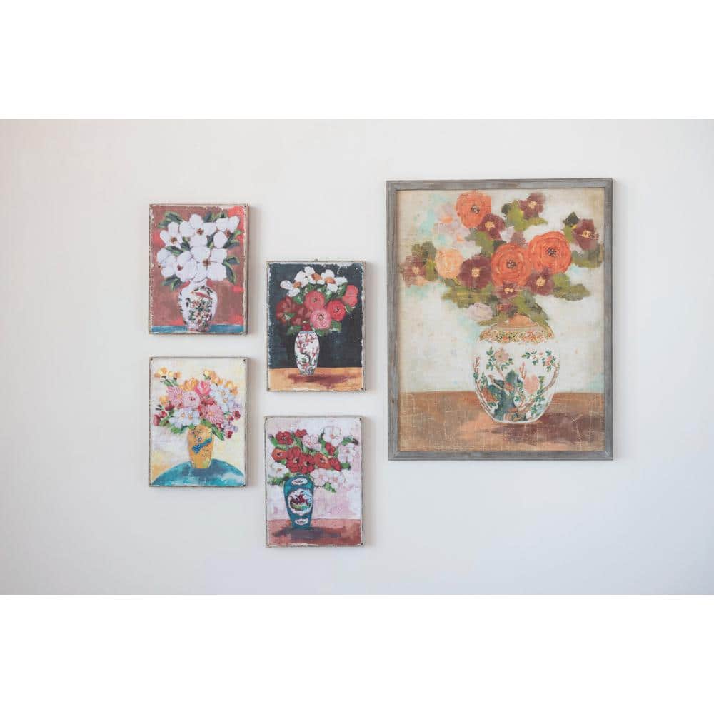 Vintage-Inspired Wood Framed Floral Vase Wall Art