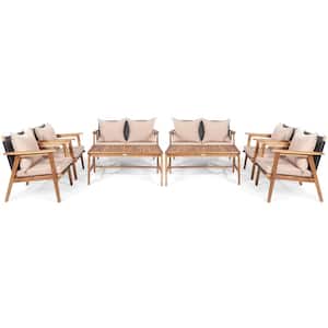 8PCS Wood Patio Conversation Set Sectional Sofa Set for Garden with Coffee Table and Beige Cushions