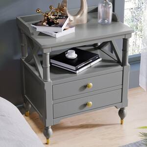 Modern Gray Bedside Nightstand with 2-Drawers, Solid Wood End Side Table 27.5 in. H 23.6 in. W 17 in. D