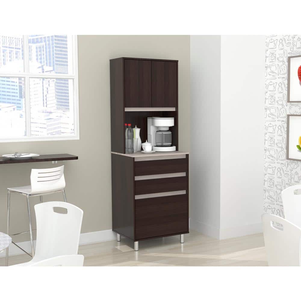 Espresso and Amber Grey 2-Door 3-Drawer Kitchen Pantry
