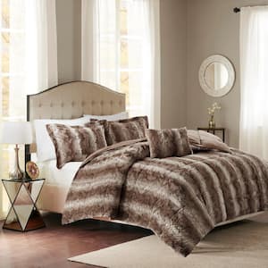 Marselle 4-Piece Chocolate Animal Print Faux Fur Polyester Full/Queen Comforter Set