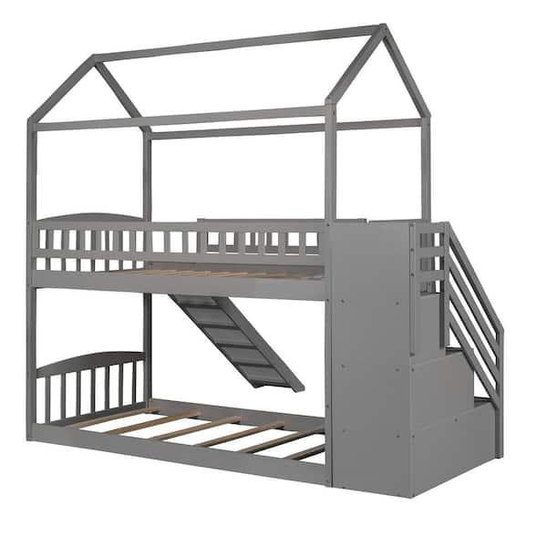 Gray Twin Wood House Bunk Bed, Wayfair Bunk Beds With Steps