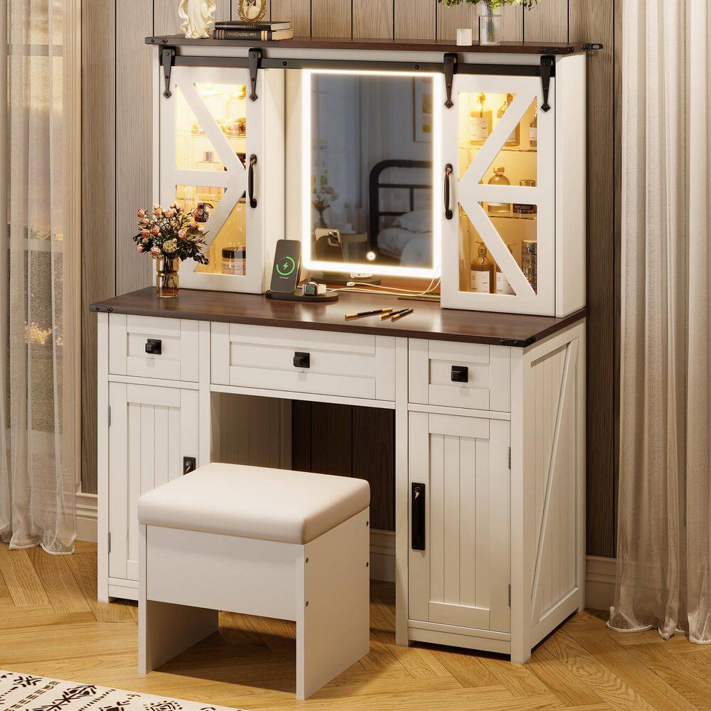 2-Piece Beige Farmhouse Makeup Vanity Set with Storage Stool, Lighted Mirror, Sliding Barn Doors, Charging Station price history on PriceWatchPro