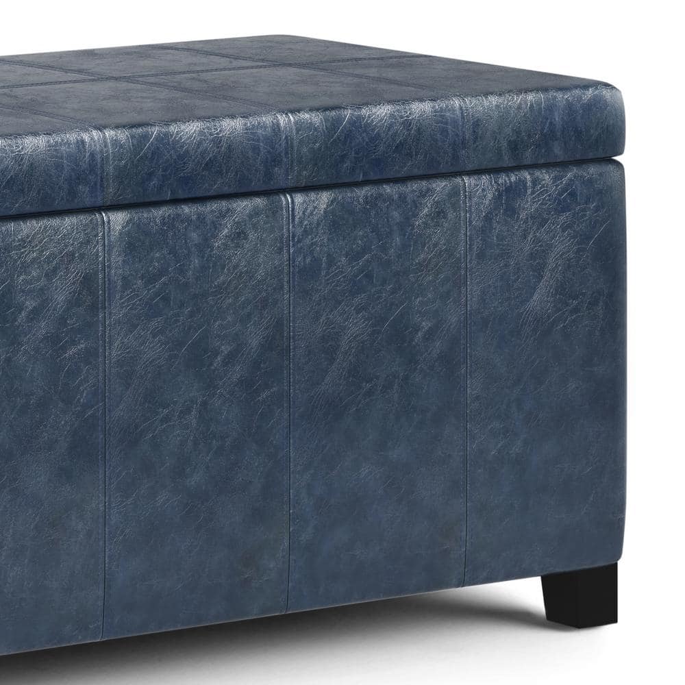 Denim Blue Tufted Faux Leather Storage Footstool