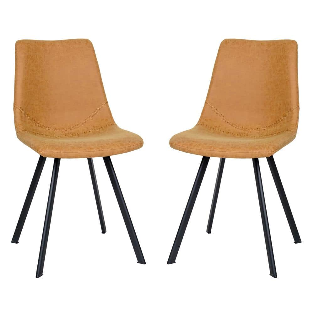 Light Brown Leather Side Chairs with Metal Legs, Set of 2