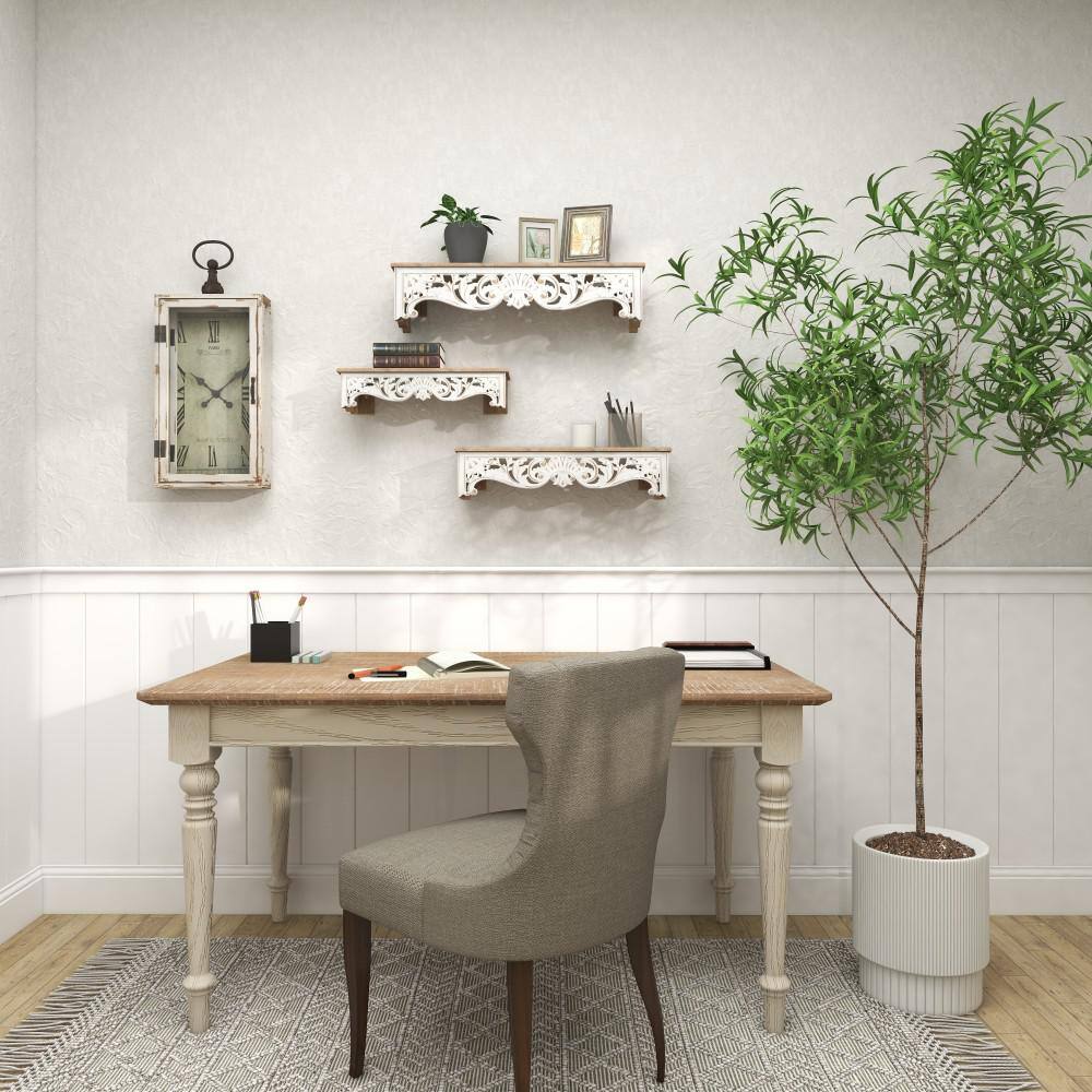 Elegant Carved Brown Wood 3-Tier Floating Wall Shelf Set