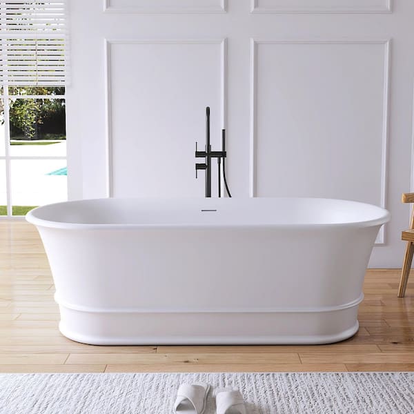 67 in. x 31.5 in. Stone Resin Solid Surface Flatbottom Freestanding Soaking Bathtub in White