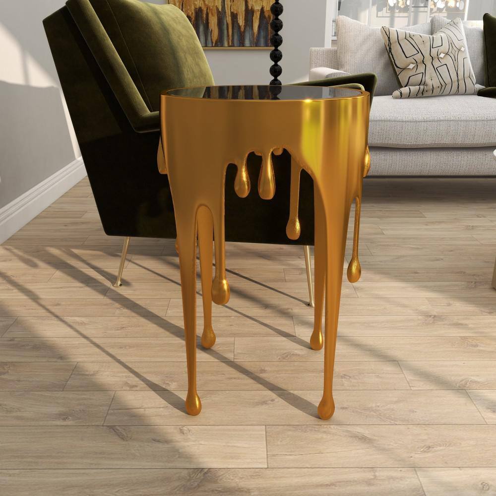 Gold Drip Round Aluminum Accent Table with Glass Top