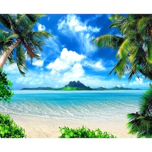 Tropical Beach Turquoise Ocean Green Island Palm Trees Non-Woven Wall Mural