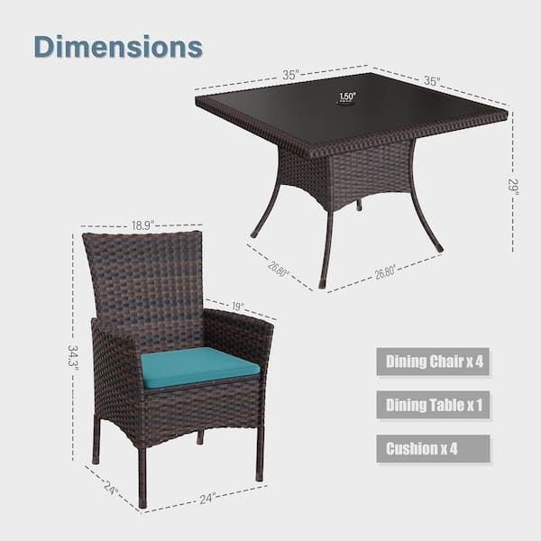5-Piece Brown Wicker Outdoor/Indoor Dining Set with Blue Cushion, Tempered Glass Tabletop, Umbrella Hole