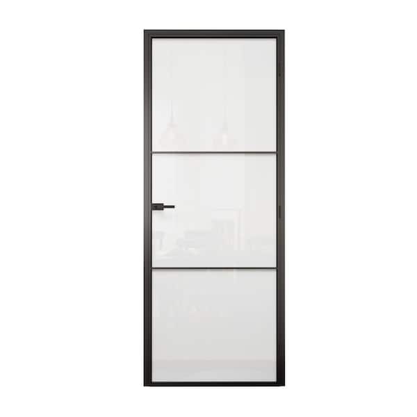 30 in. x 80 in. 3-Lite Frosted Glass Right Black Finished Aluminun Interior Door Slab+ Free Aluminun Jamb & Lockset