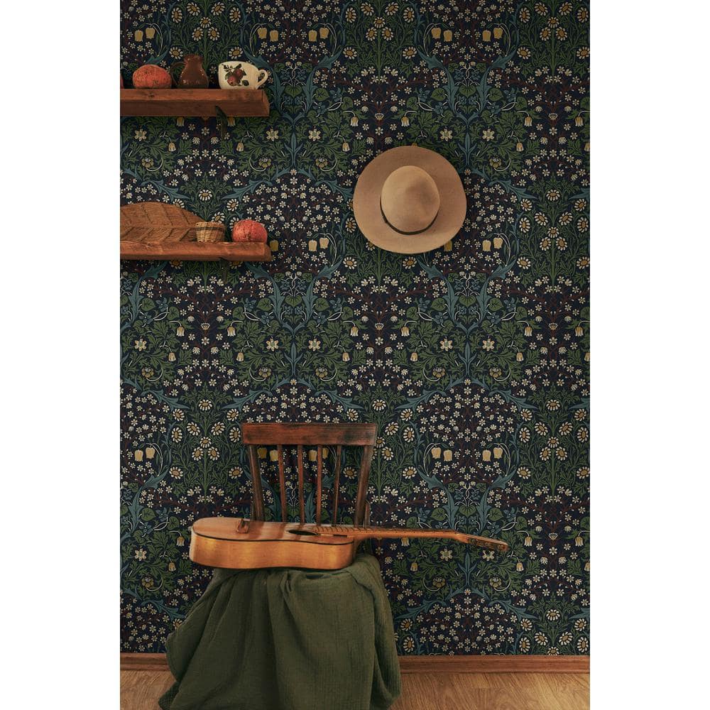 Midnight Blue and Evergreen Damask Floral Peel and Stick Wallpaper