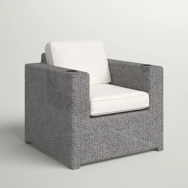 Mondawe Gray Wicker Outdoor Lounge Chair Patio Dining Chair with Beige Cushions