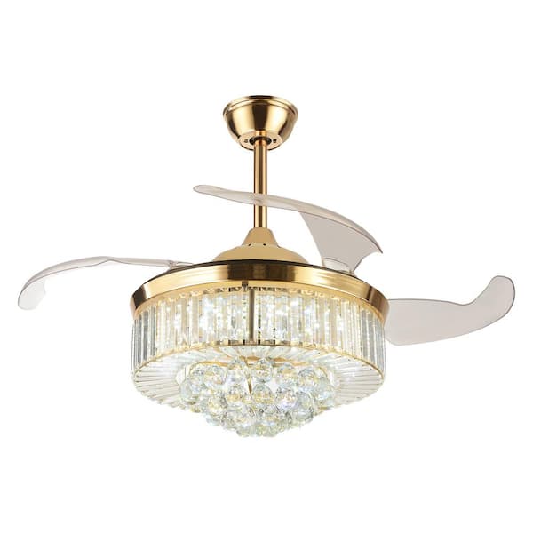 OUKANING 36 in. Gold Modern Indoor Crystal Decor Shade Retractable Blades Integrated LED Ceiling Fan with Remote Control