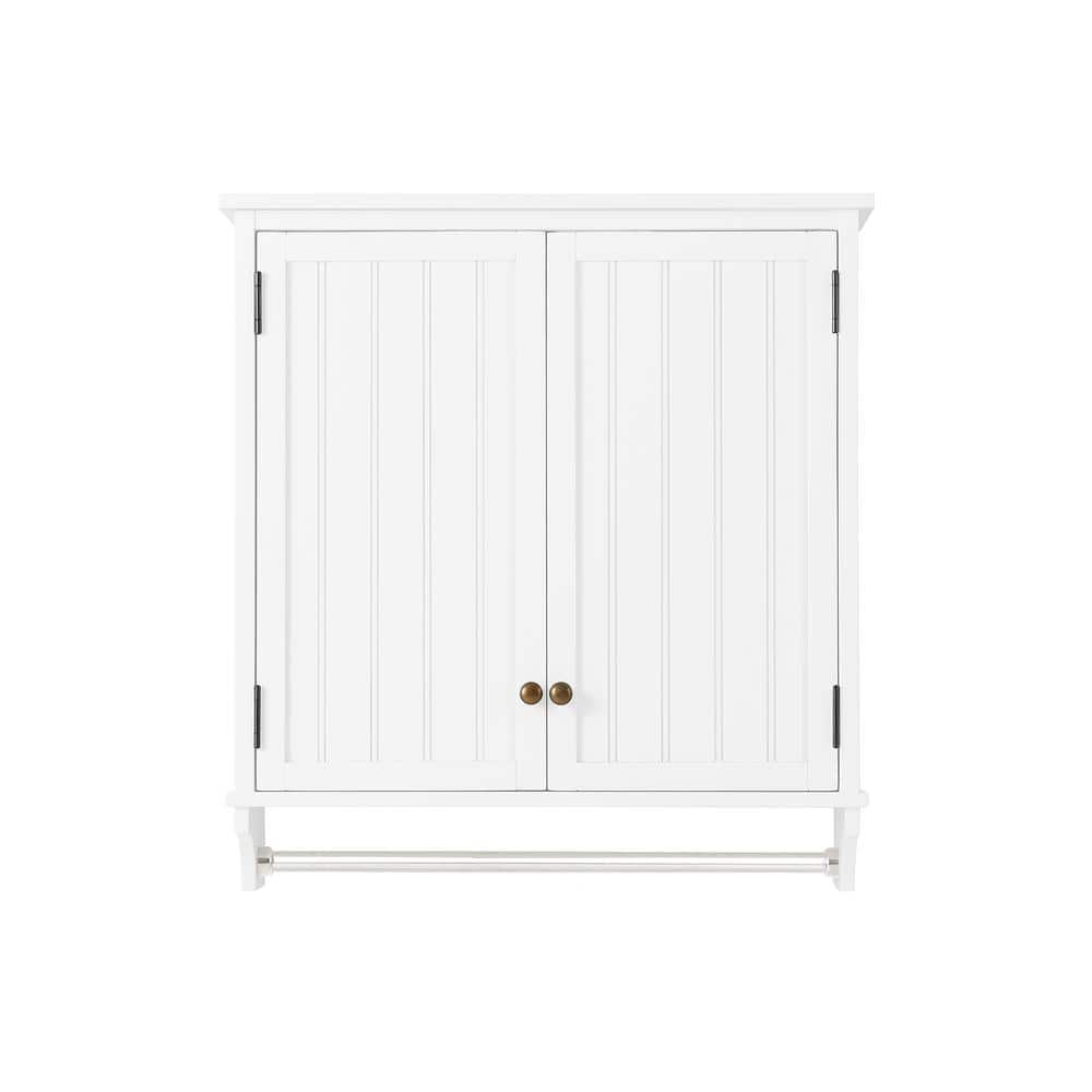 White Wood Wall Mounted Bathroom Storage Cabinet with Towel Rod