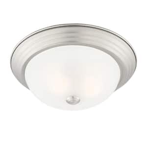 13 in. 2-Light Pewter Interior Ceiling Light Flush Mount with Etched Glass Shade