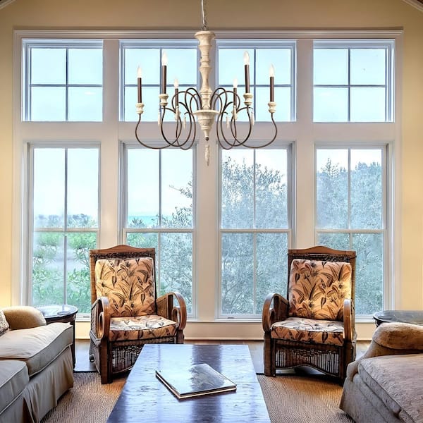 6-Light Aged Iron/Brown Candlestick Wood Chandelier French Country Farmhouse Antique Wood Hanging Light for Dining Room