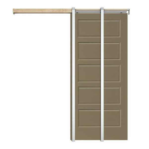 CALHOME Olive Green 30 in. x 80 in. Painted Composite MDF 5PANEL Interior Sliding Door with Pocket Door Frame and Hardware Kit
