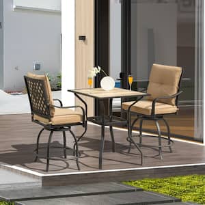 3-Piece Metal Square Bar Height Outdoor Bistro Set with Khaki Cushion