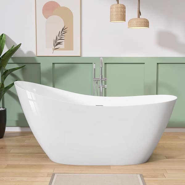 55 in. x 28 in. High-Back Acrylic Freestanding Soaking Bathtub Alone Slipper Tub in White with Overflow and Center Drain