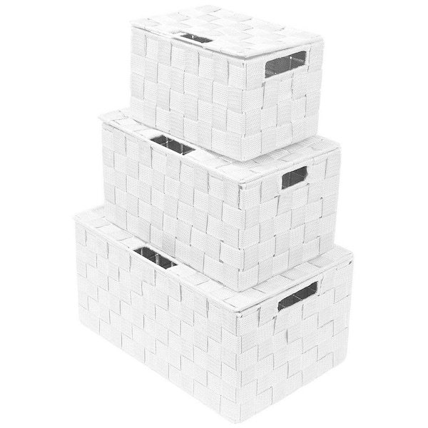 3 Sizes Storage Basket with Lid, Mesh Hand-Woven Organizers, White 13.5 in. x 6.9 in. Plastic Decorative Box Set of 3