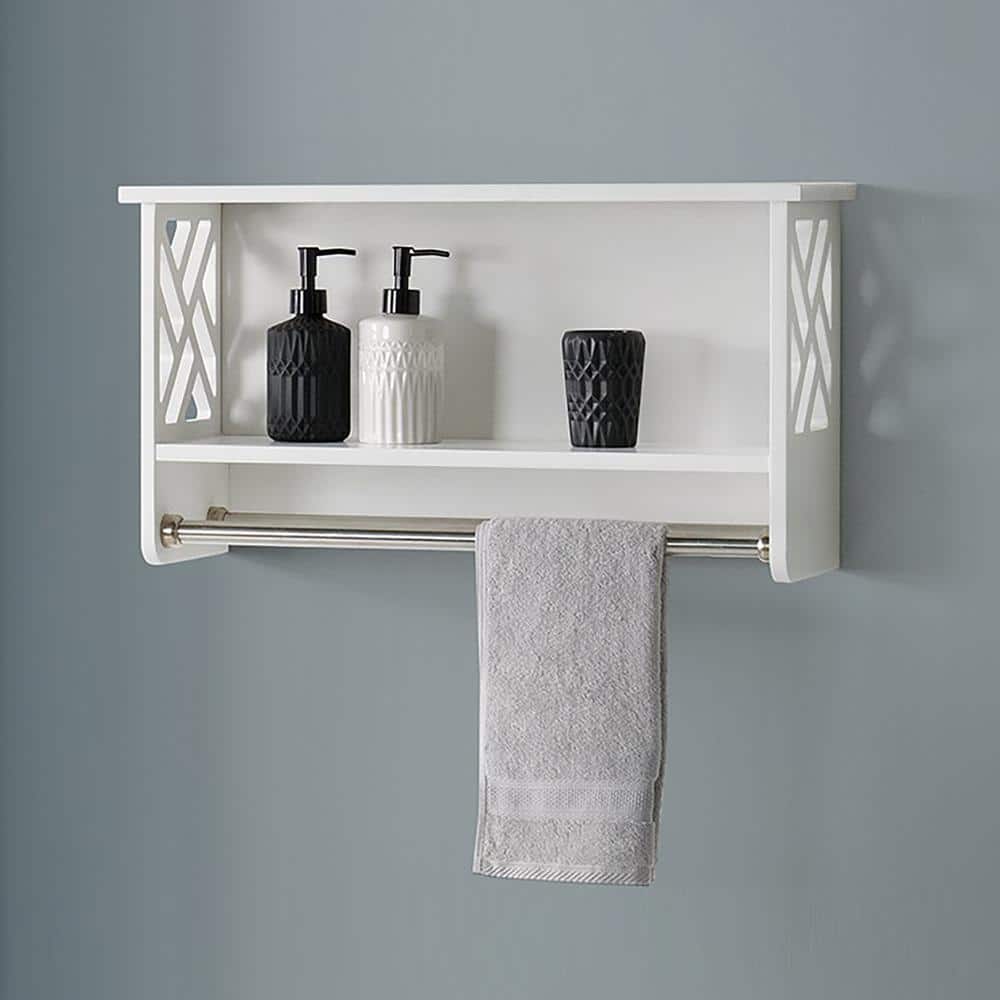 Danya B. Wall Mount 2-Tier Chrome Shelving Unit with Towel Rack and Trays - White