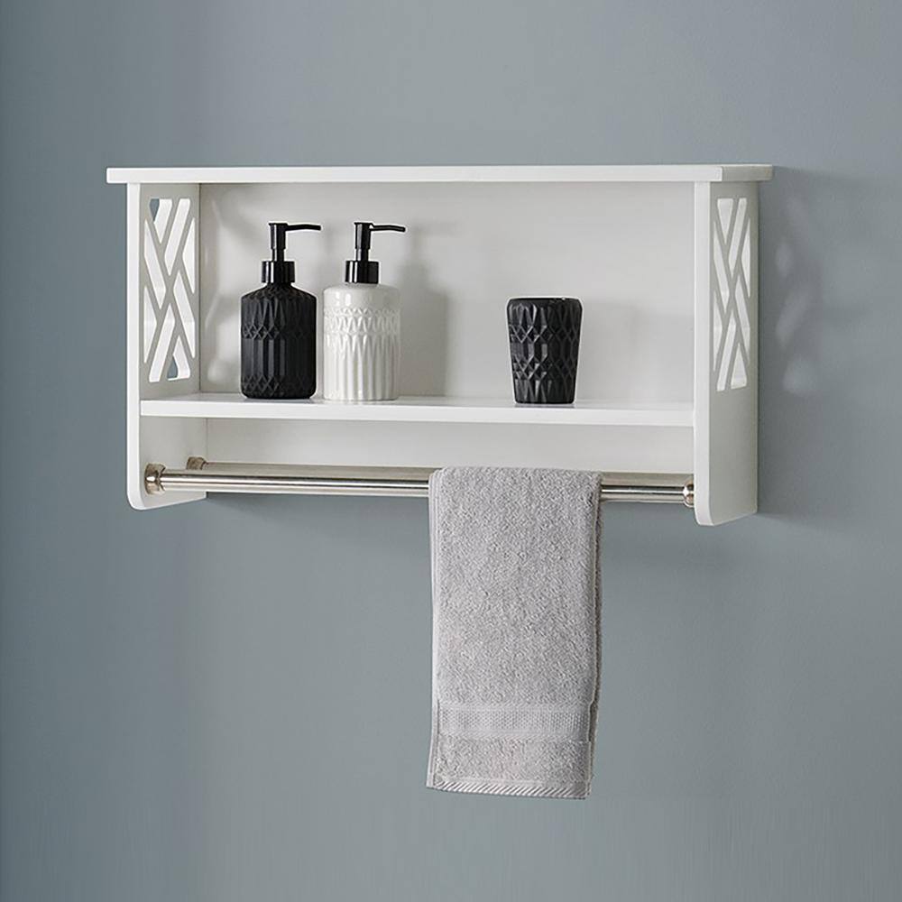 White Wood Over-the-Toilet Storage Shelf with Towel Rods