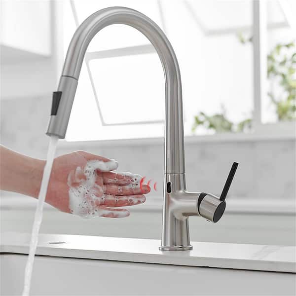 FLG Touchless Kitchen Faucet With Pull Out Sprayer One Handle Kitchen Sink Faucet 1 Hole Smart Hand-Free Taps Brushed Nickel