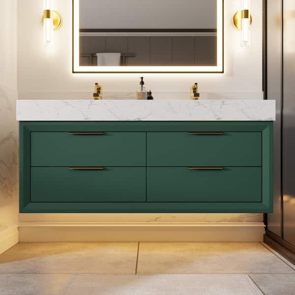 ExBrite Solidoak 48 in. W x 20.9 in. D x 21.3 in. H Double Sink Bath Vanity in Green with White Cultured Marble Top