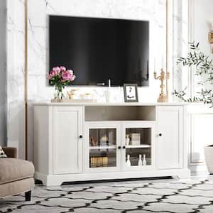 59.80 in. W White TV Stand Fits TV up to 65 in. with 2 Tempered Glass Doors Adjustable Panels Open Style Cabinet