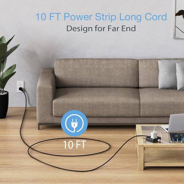 Etokfoks 10 ft. 4 AC Outlets Flat Plug Power Strip with 3 USB