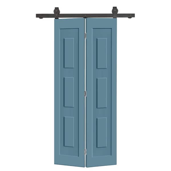 34 in. x 80 in. 3 Panel Shaker Hollow Core Dignity Blue Composite Bi-fold Door with Sliding Barn Door Hardware Kit